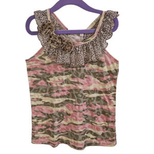 Boutique Girls 8 Animal Print Camo Tank Top Pink Green Ruffle Neck Semi Sheer